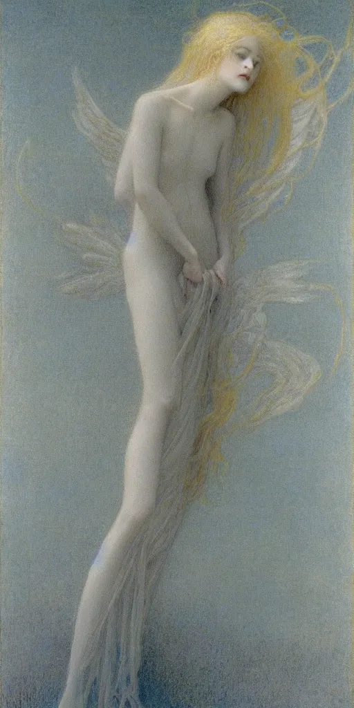 Image similar to Say who is this with silver hair so pale and Wan and thin? Feminine angel in the style of Jean Delville, Lucien Lévy-Dhurmer, Fernand Keller, Fernand Khnopff, oil on canvas, 1896, 4K resolution, aesthetic, mystery