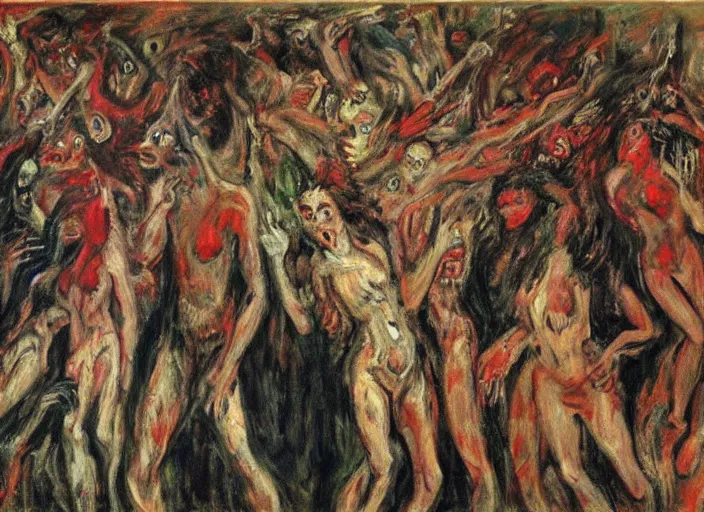 Image similar to mosh pit full of demons and beautiful women in hell ’ s nightclub, sfumato abstract oil on canvas, by rothko, by jackson pollock, by monet