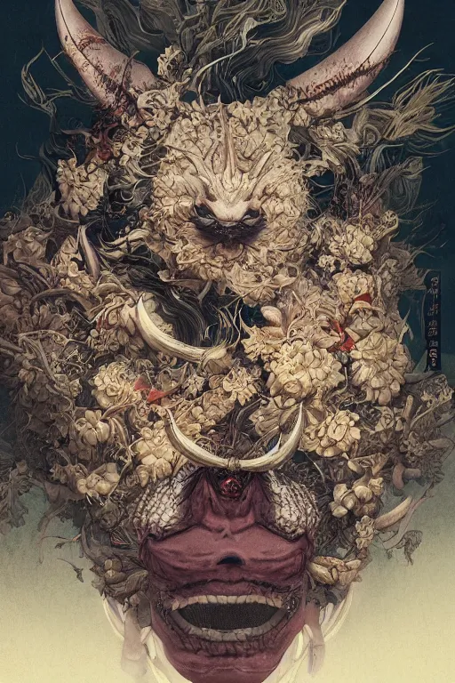 Image similar to a portrait of a japanese devil animal illustrated by miyazaki by karol bak, james jean, tom bagshaw, rococo, sharp focus, trending on artstation, cinematic lighting, hyper realism, octane render, 8 k, hyper detailed, vivid, ultra detailed, highly detailed