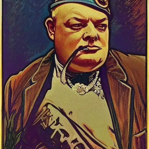 Prompt: alphonse mucha portrait of Winston Churchill as the God of War, smoking a cigar, detailed, stylized, realistic, deep hues, cool tones, dark, strong