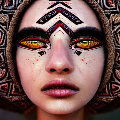 Image similar to portrait of a stunningly beautiful alien tribal female, depth of field, zeiss lens, detailed, symmetrical, centered, fashion photoshoot, by Annie Leibovitz and Steve McCurry, David Lazar, Jimmy Nelsson, Breathtaking, 8k resolution, extremely detailed, beautiful, establishing shot, artistic, hyperrealistic, beautiful face, octane render