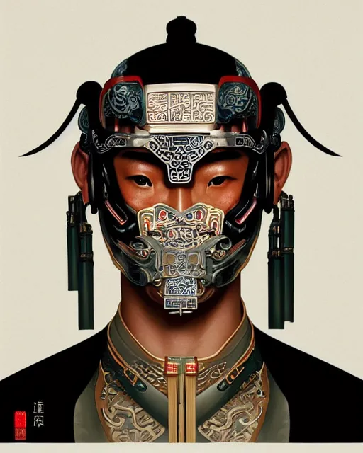 Image similar to portrait of a chinese masculine male cyberpunk machine, machine face, upper half portrait, decorated with chinese opera motifs, muscular, asian, fine china, wuxia, traditional chinese art intricate intense elegant 京 剧 highly detailed symmetry headpiece digital painting artstation concept art smooth sharp focus illustration, art by artgerm and greg rutkowski alphonse mucha 8 k