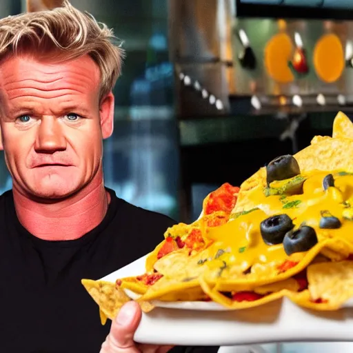 Prompt: Gordon Ramsey reacting to very very very very delicious nachos expertly arranged and presented