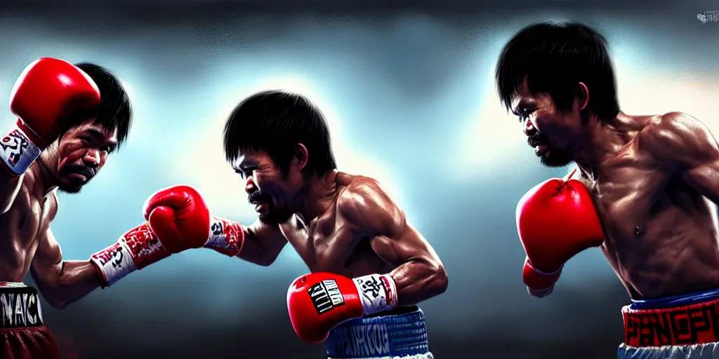 Image similar to manny pacquiao versus bongbong marcos in a boxing fight, detailed intricate illustration, dark atmosphere, detailed illustration, hd, 4 k, digital art, overdetailed art, by greg rutkowski, by loish, complementing colors, trending on artstation, deviantart