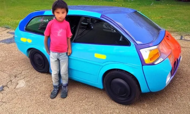 Prompt: child amateur beginner's project diy car proud