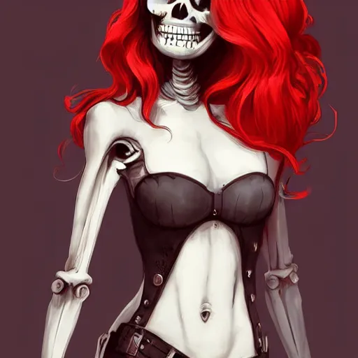 Prompt: cute & beautiful smug smiling undead skeleton girl with very attractive face and red hair dressed as a cyberpunk cop, elegant, digital art, fullbody painting, fantasy, pixar style, painting, pin up, highly detailed, artstation, art by artgerm, vrubel, greg rutkowski, ilya kuvshinov, raymond swanland