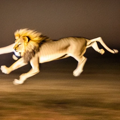 Prompt: lion leaping into a gazelle, high shutter speed, dramatic, at night