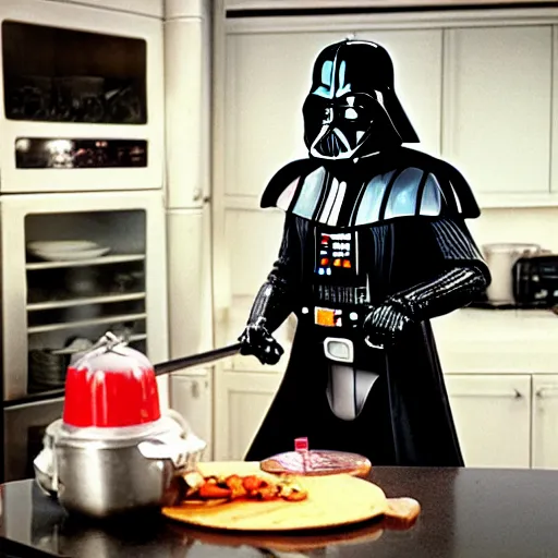 Prompt: darth vader cooking in the kitchen, 8 0 s style sitcom, photo