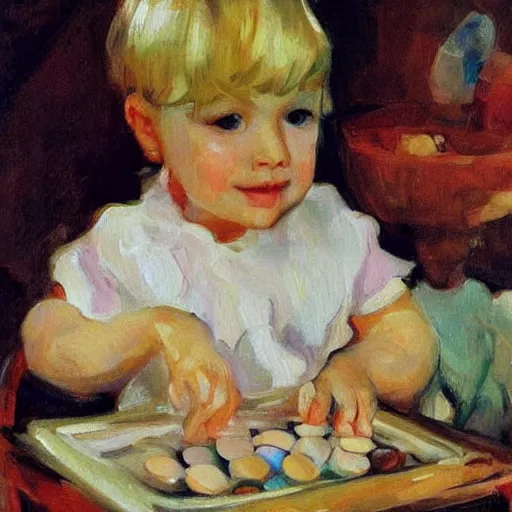 Image similar to A 2 year old girl playing with small abalone shells, blond hair. Painting by Sorolla