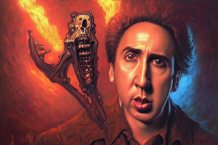 Prompt: young nick cage in “ constantine ” artwork, 4 k digital art, neon, 8 0's style tomasz alen kopera, peter mohrbacher, donato giancola, ilya repin, drew struzan hyperrealistic oil painting, gothic ghost horror biomechanical