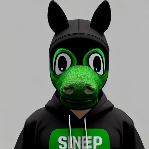 Prompt: a stoner with a black hoodie on with a marijuana themed dark green pony head from my little pony, 3 d, blender 3 d, render, extremely detailed, 8 k, stoned red eyes