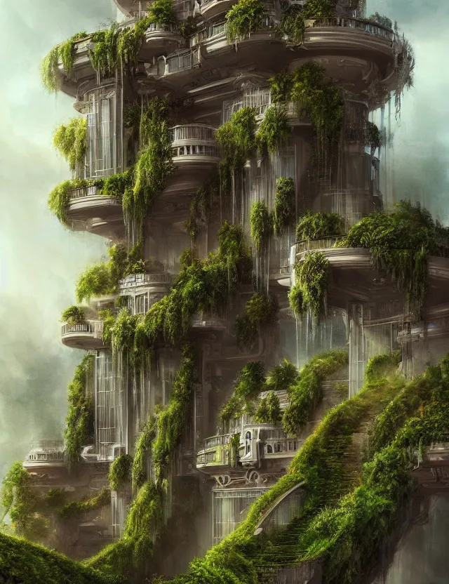 Image similar to a beautiful illustration of a fluid form future mansion with hanging gardens, trending on artstation, digital art, 4 k resolution, detailed, high quality, sharp focus, hq artwork, coherent, insane detail, character portrait