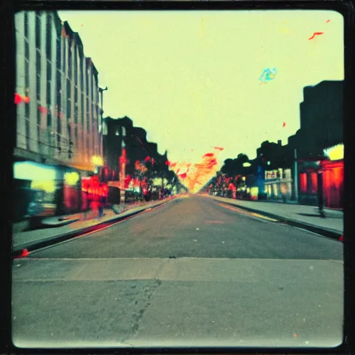 Image similar to colorful instant photograph of the middle of the street at night, polaroid, light leak, raw, nostalgic