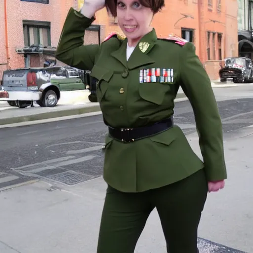 Prompt: brunette woman, short hair, flipped out hair ends, bright green eyes, military uniform, smirk