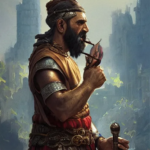 Prompt: an, old, weathered middle eastern warrior, drinking alcohol, D&D, highly detailed, digital painting, artstation, concept art, sharp focus, illustration, cinematic lighting, art by artgerm and greg rutkowski and alphonse mucha