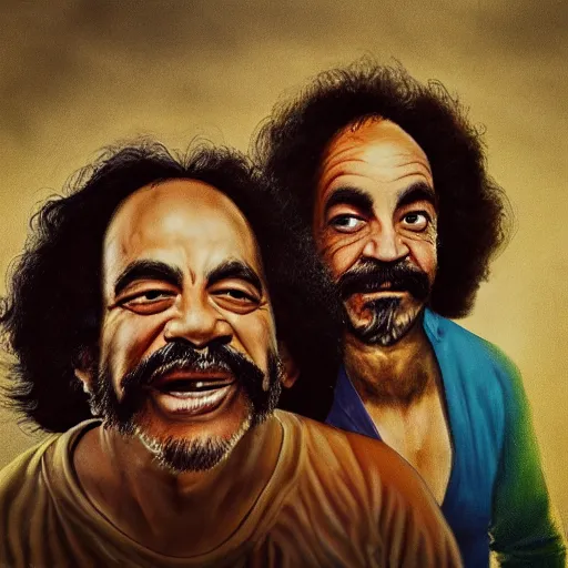 Image similar to portrait of cheech and chong, ultra realistic, highly detailed, hd, sharp focus, highly detailed, vivid colors, cinematic lighting,