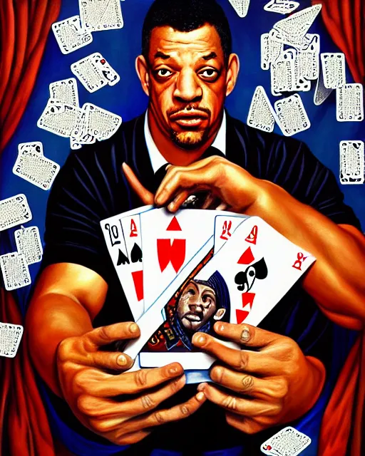 Prompt: a painting of a beautiful joey starr surrounded by playing cards, an ultrafine detailed painting, by mark brooks, centered full body, featured on deviantart, fantasy art, detailed painting, deviantart, anime