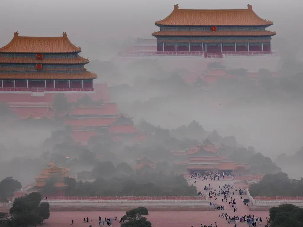 Prompt: forbidden city, highly detailed, cinematic landscape ， foggy