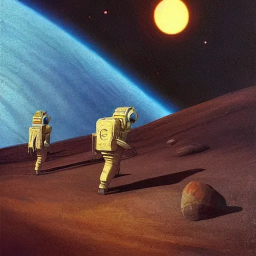 Prompt: oil painting of “the first explorers on Venus” vintage scifi art by Vincent Di Fate