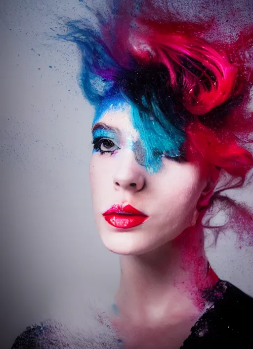 Prompt: a dramatic lighting photo of a beautiful young woman with cotton candy hair. paint splashes. moody, melanchonic. with a little bit of black and red