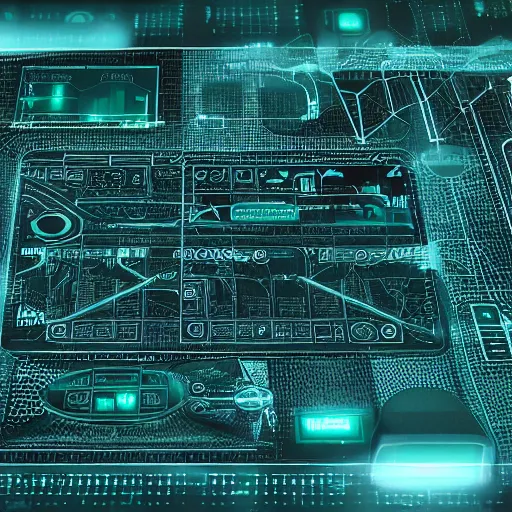 Image similar to futuristic signals, FUI, HUD, futuristic holographic UI floating over microchip paradise of circuitry and futuristic technology