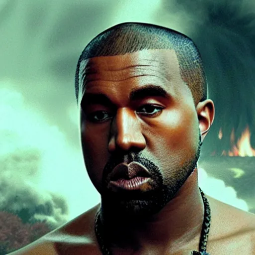 Prompt: cinematic film still of Kanye West starring as a Japanese Sensei with fire, Japanese CGI, VFX, 2003, 40mm lens, shallow depth of field, film photography