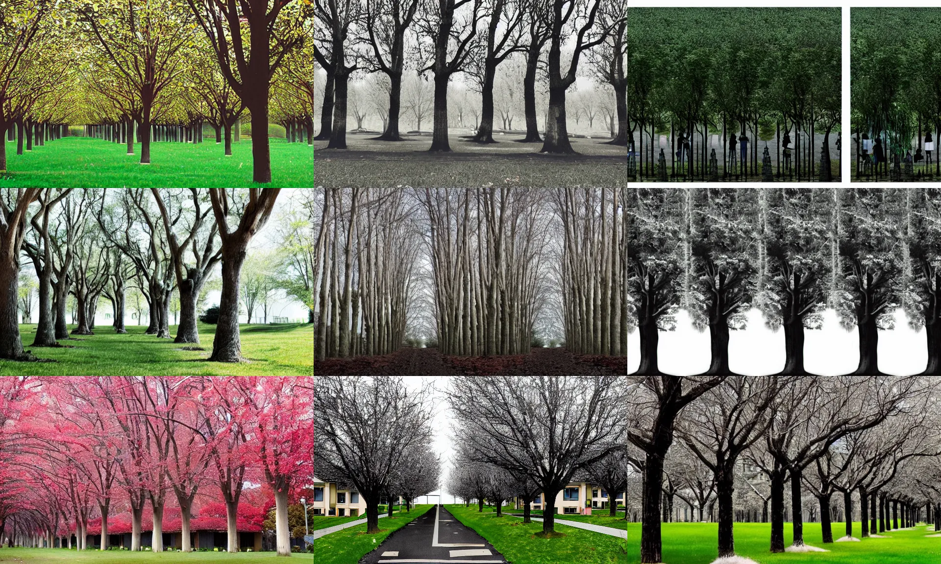 Prompt: Identical houses, identical people, identical trees, all the same