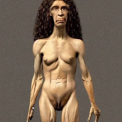 Prompt: a historically anatomically accurate neandertal with her hairy skin covering her body