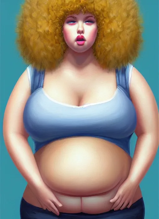 Image similar to full body portrait, teenage betty cooper, blonde hair, obese, bangs, ponytail, sultry, realistic, sultry smirk, fluffy bangs, curly bangs, fat, belly, beautiful girl, intricate, elegant, highly detailed, digital painting, artstation, concept art, smooth, sharp focus, illustration, art by wlop, mars ravelo and greg rutkowski