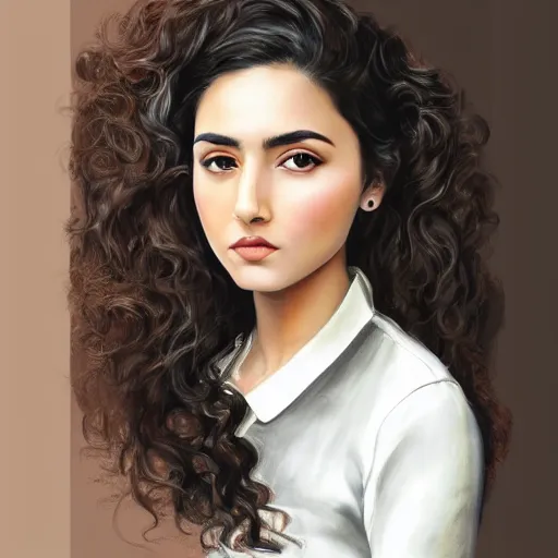 Image similar to portrait of a persian young lady with curly black hair, round face, big brown eyes, picture, hyperrealistic, focused, detailed, computer painting