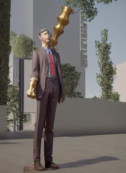 Image similar to a sculpture of a man standing next to a tall vase, a raytraced image by Hikari Shimoda, polycount, video art, vray tracing, ray tracing, rendered in unreal engine