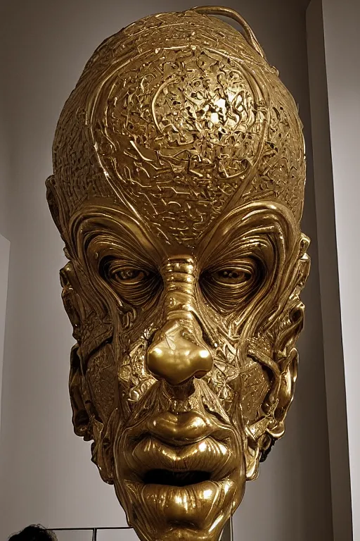 Image similar to Epic view of intricate stained Clown multiple faces looking backwards using a golden veil statue sculpted on white marble by Antonio Corradini, Wayne Barlowe and Artem Demura