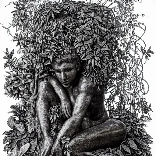 Image similar to botanical sketch of The thinker sculpture with a mechanical/cybernetic head, mushrooms and peyote/san pedro at the base, surrounded by a lush jungle and morning glory vines, high detail, b&w,