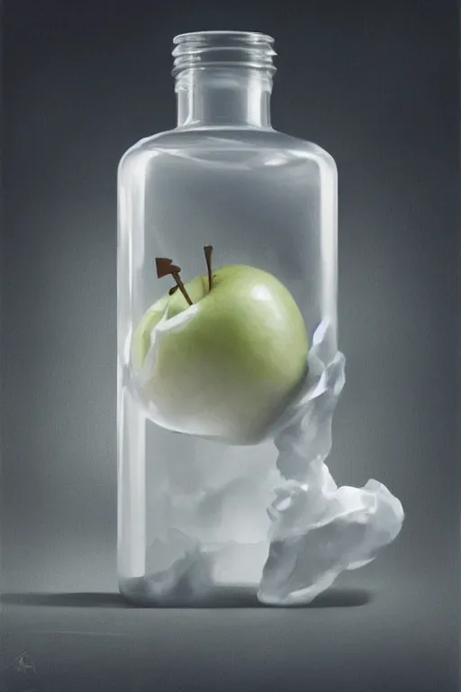 Prompt: concept art of an apple white dietary supplement in a transparent bottle with big black sticker on it by aenaluck, artgerm and roberto ferri and greg rutkowski, blue and white tones, digital painting, artstation, concept art, smooth, sharp foccus ilustration hq