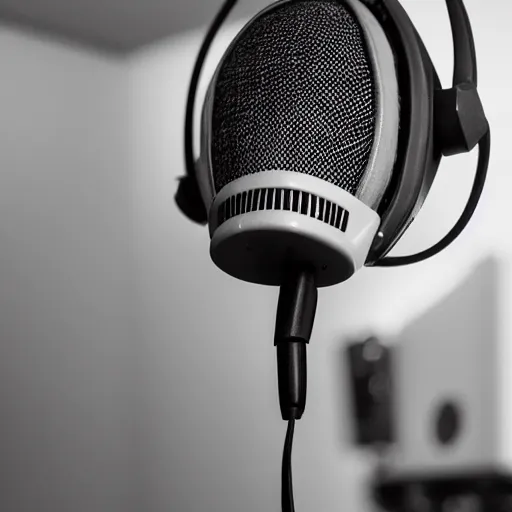 Image similar to A photograph of a bird wearing headphones and speaking into a high-end microphone in a recording studio.