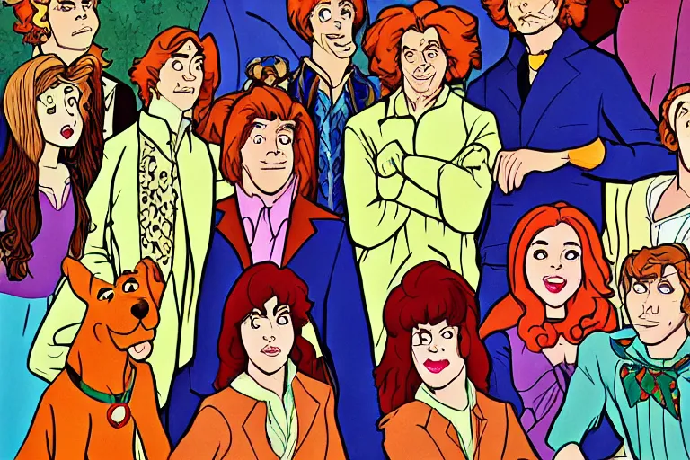 Image similar to Scooby doo cast in Edward burton style, hyper realistic, retro 70s,