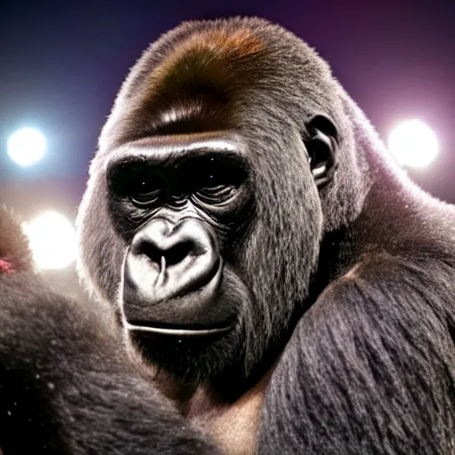 Prompt: a gorilla singing to a large crowd of people at an outdoor stadium concert. highly detailed. 8 5 mm f 1 1 canon eos