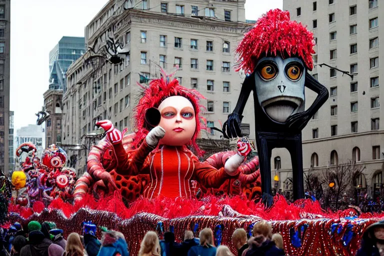 Image similar to photo of giant beautiful elaborate parade float character designed by ( ( ( ( ( ( ( ( giger ) ) ) ) ) ) ) ) and wes anderson!!!!!!!!!!!!!!, in the macys parade, detailed 4 k photo,