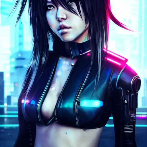 Prompt: An epic comic hyperrealistic anime painting of a cyber warrrior girl wearing futuristic wardrobe, black and silver, ultradetailed face expression trending on artstation and artbreeder, cyberpunk 2077 color, heavy rainning at tokyo street night, neon ligh, DAZ, 8k, unreal 5 engine render, cosplay, RPG portrait, final fantasy Vll world concept, dramatic lighting, rim lights, PS5 render quality