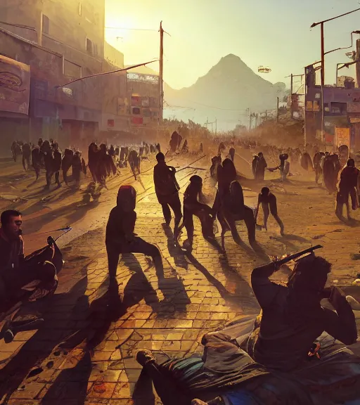 Image similar to highly detailed painting of iranian revolution in gta v, stephen bliss, unreal engine, fantasy art by greg rutkowski, loish, rhads, ferdinand knab, makoto shinkaib and lois van baarle, ilya kuvshinov, rossdraws, tom bagshaw, global illumination, radiant light, detailed and intricate environment