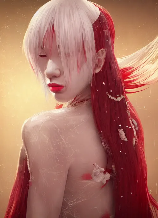 Image similar to albino maiko with very long fantasy hair, fluent composition, red and white neon, concept art, ambient light, 4 k, intricate details, highly professionally detailed, cgsociety, highly detailed -