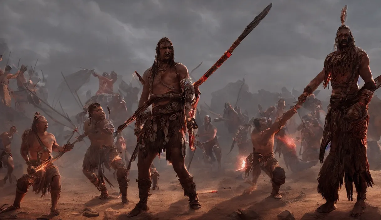 Image similar to an ancient tribesman with laser sword standing in front of barbarian horde, dramatic lighting, cinematic, establishing shot, extremely high detail, photorealistic, cinematic lighting, artstation, octane render, western,old photo, vintage