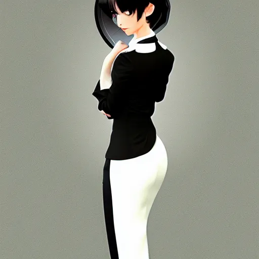 Image similar to slim mafia girl in tuxedo with black bob hair, elegant, 2d, ultra highly detailed, digital painting, smooth, sharp focus, artstation, art by Ilya Kuvshinov