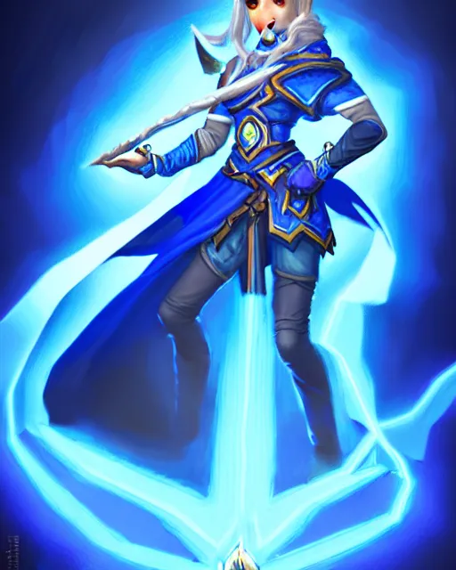 Image similar to perfectly - centered!! looking at the camera!!! full body portrait of the female blue mage, bright lighting, by hearthstone, concept art, hearthstone mastered art