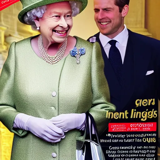 Image similar to the queen of england grinning rudely and pointing her middle finger, in a magazine cover photo. highly detailed hands