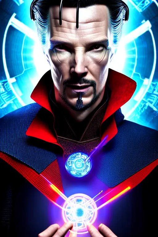 Prompt: futuristic portrait art of an armored cyberpunk doctor strange, futuristic style doctor strange, cyberpunk, cinematic movie still 2 0 7 7