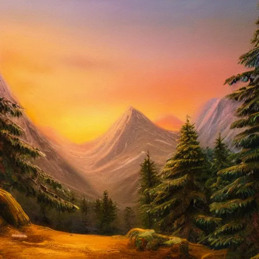 Prompt: Norse mythology mountains with pine forests at dusk, oil painting, realistic, 4K, beautiful, nature