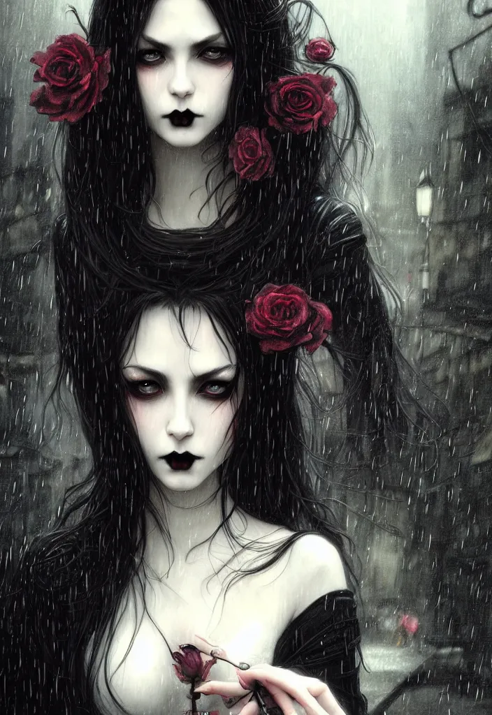 Image similar to a portrait of a beautiful gothic vampire on the streets of tokyo in the rain, intricate, well drawn eyes, defined face, sharp focus, illustration, highly detailed, digital painting, concept art, matte, 8 k resolution, dramatic lighting,, art by wlop and artgerm and greg rutkowski and alphonse mucha, masterpiece