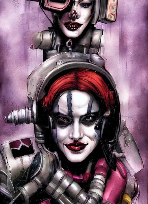 Prompt: a dream portrait of cyberpunk Harley Quinn in post apocalyptic Gotham art by Paul Dini, Joe Chiodo