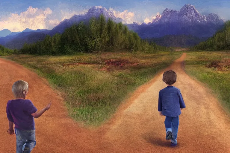 Prompt: a young boy holds his mother's hand as they walk down a dirt road, mountains loom in the background, digital art, realistic, 3 d art, scenery, rendered, illustration, detailed